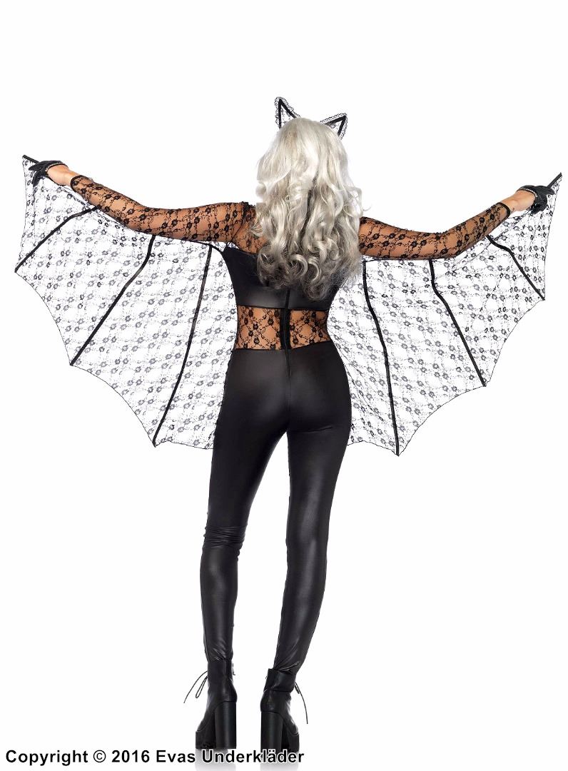 Female bat, costume catsuit, wet look, floral lace, wings